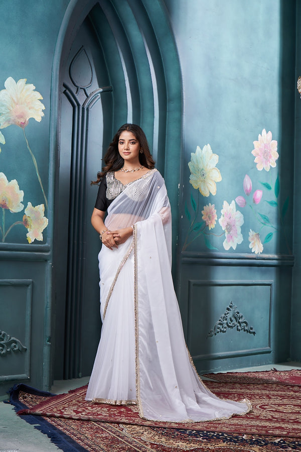Timeless White Saree with Graceful Golden Lace Border